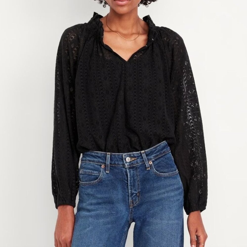 NEW Old Navy Womens XL Black Textured V Neck Long Sleeve Top Blouse Shirt